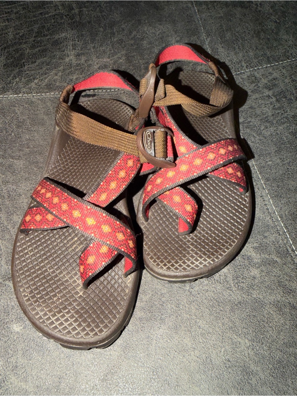Chaco Brown Sandals with Red Floral Straps